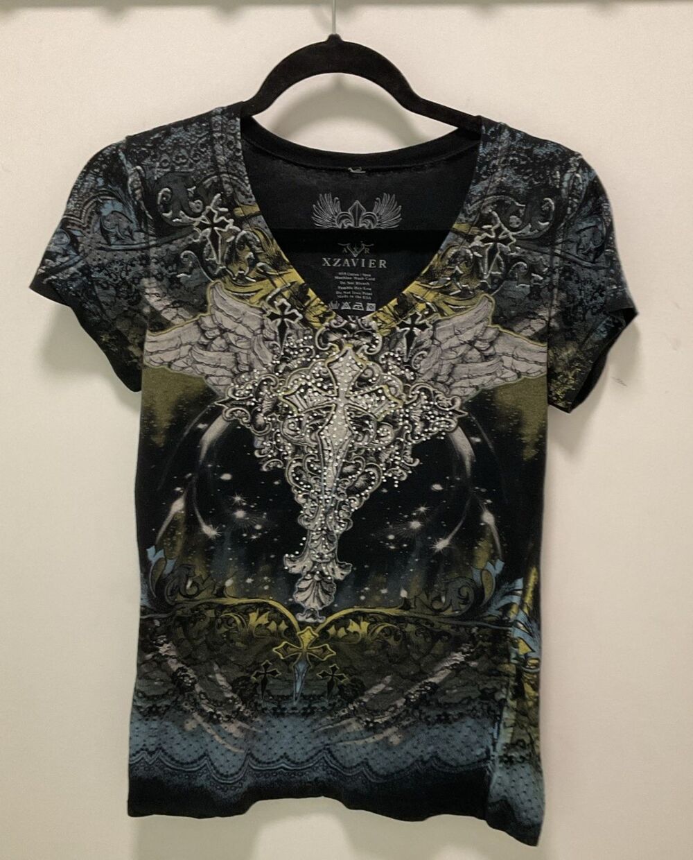 Xzavier Rhinestone Shirt V Neck Size XL Y2K Grunge